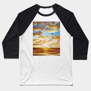 Freedom Sky, Golden Sunset, Seascape, Beach Decor, Golden Beach, Sunrise, Yellow Sunset Sky, Clouds and Birds, Baseball T-Shirt